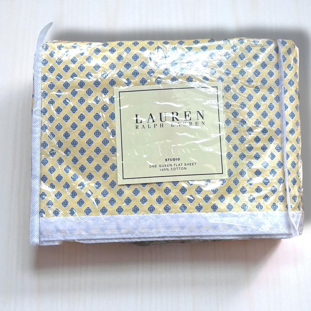 Ralph Lauren‎ Studio Foulard Citron & White Queen Flat Sheet NEW RETIRED PATTERN